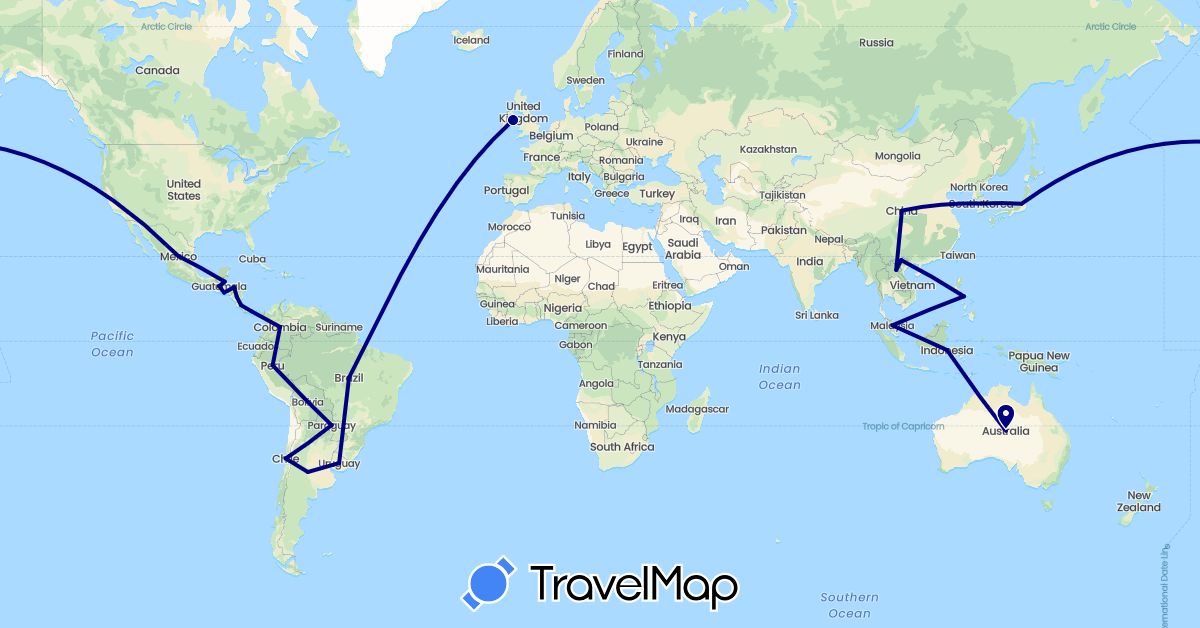 TravelMap itinerary: driving in Argentina, Australia, Bolivia, Brazil, Belize, Chile, China, Colombia, Costa Rica, Guatemala, Honduras, Indonesia, Ireland, Japan, South Korea, Laos, Mexico, Malaysia, Nicaragua, Panama, Peru, Philippines, Paraguay, El Salvador, Uruguay, Vietnam (Asia, Europe, North America, Oceania, South America)